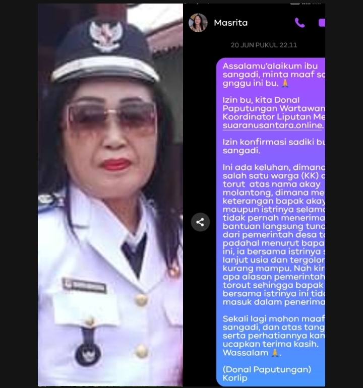 FOTO : Kepala desa torou, Masrita Mokoginta dan screenshot konfirmasi