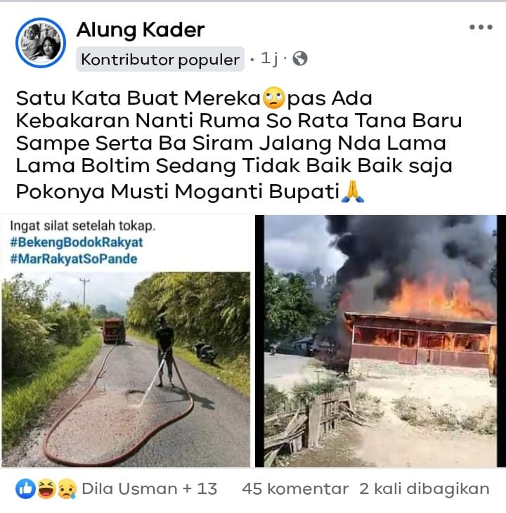 Kebakaran di Bongkudai Boltim Rumah Warga Habis Terbakar Pemadam Tak Kunjung Datang