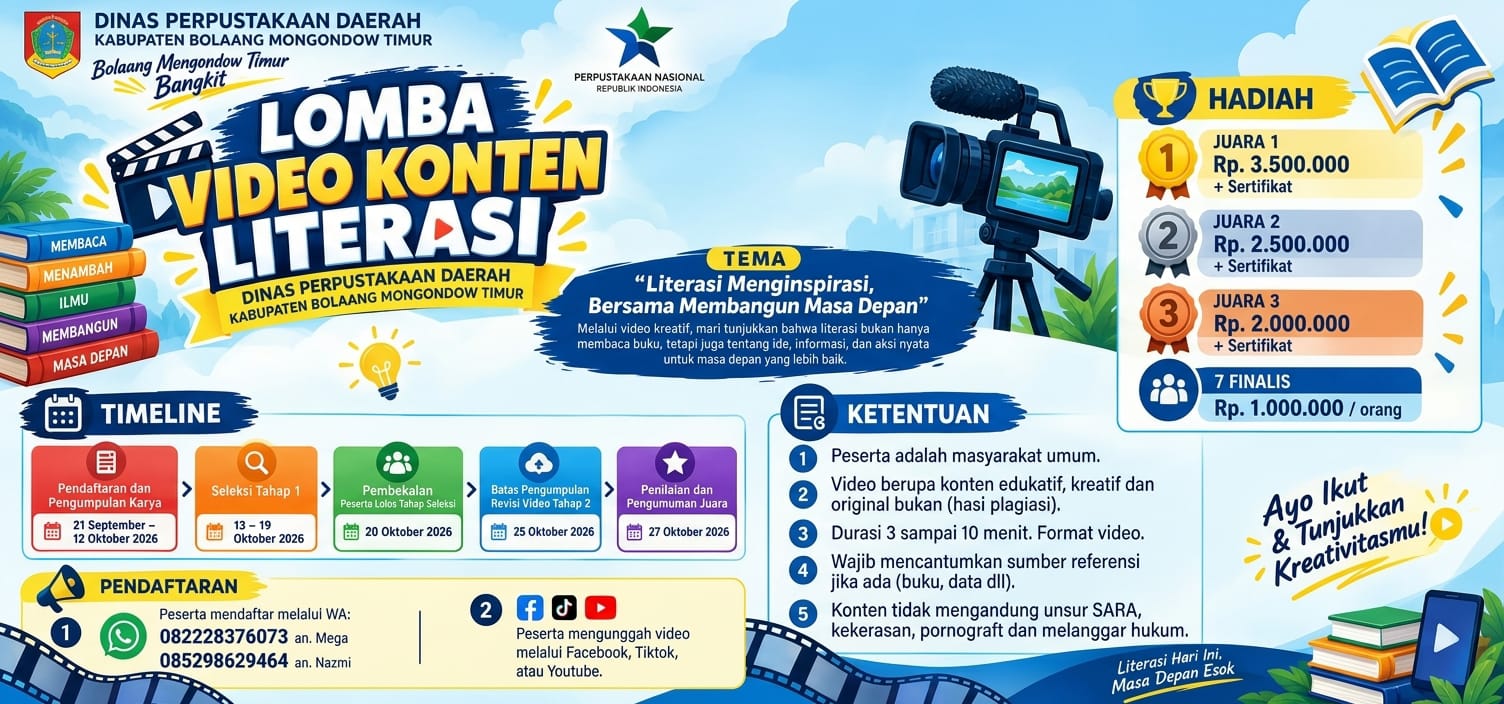 Dinas Perpustakaan Daerah Kabupaten Bolaang Mongondow Timur (Boltim) mengajak masyarakat berusia 17 hingga 35 tahun mengikuti Lomba Video Konten Literasi 2026.